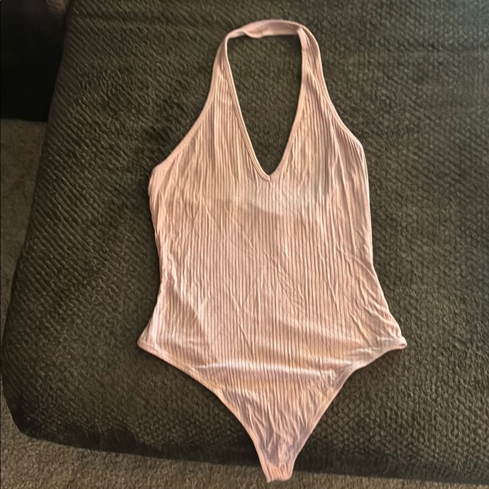 Me to We Pink Ribbed Halter Bodysuit